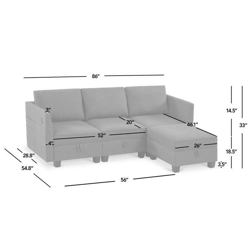 Billy 86" Modular 4-Piece Storage Sectional Sofa