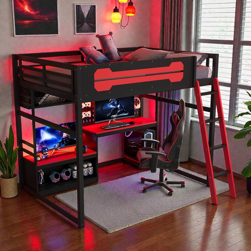 Full Size Wood Loft Bed with Desk, Shelves, LED Lights, USB Ports, Pegboard & Space-Saving Storage Design - Black Red - Full