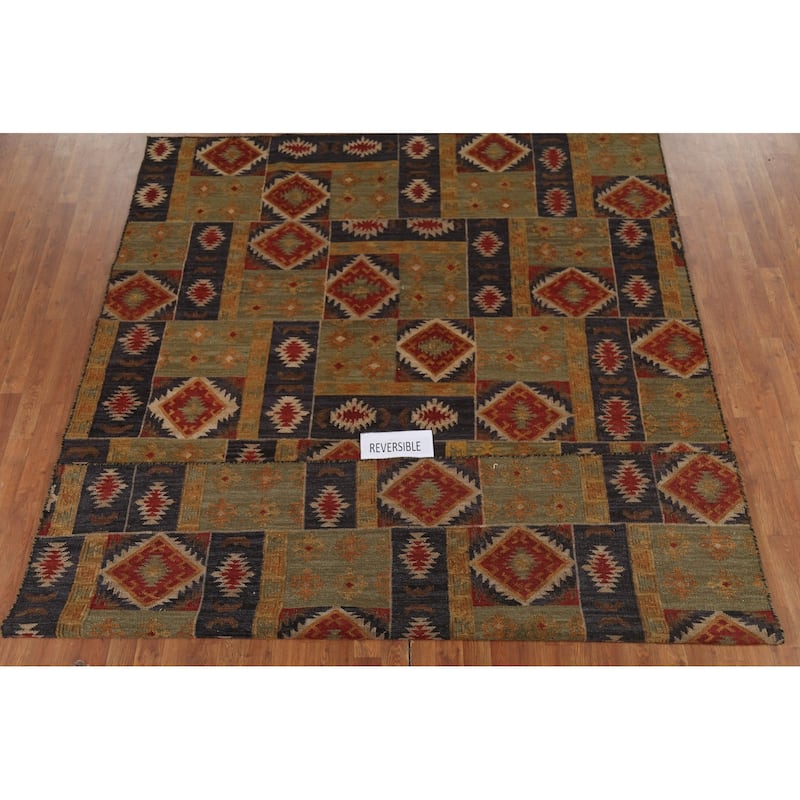 Green & Blue Geometric Kilim Oriental Area Rug Hand-Woven Wool Carpet - 7'8"x 9'10"