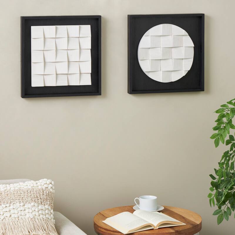 White Wood 3D Cube Grid Geometric Home Wall Decor with Black Frames (Set of 2) - White