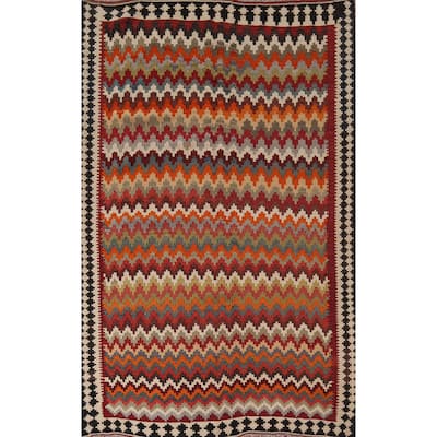 Orange Kilim Qashqai Persian Vintage Rug Hand-Woven Tribal Wool Carpet - 5'4"x 8'0"