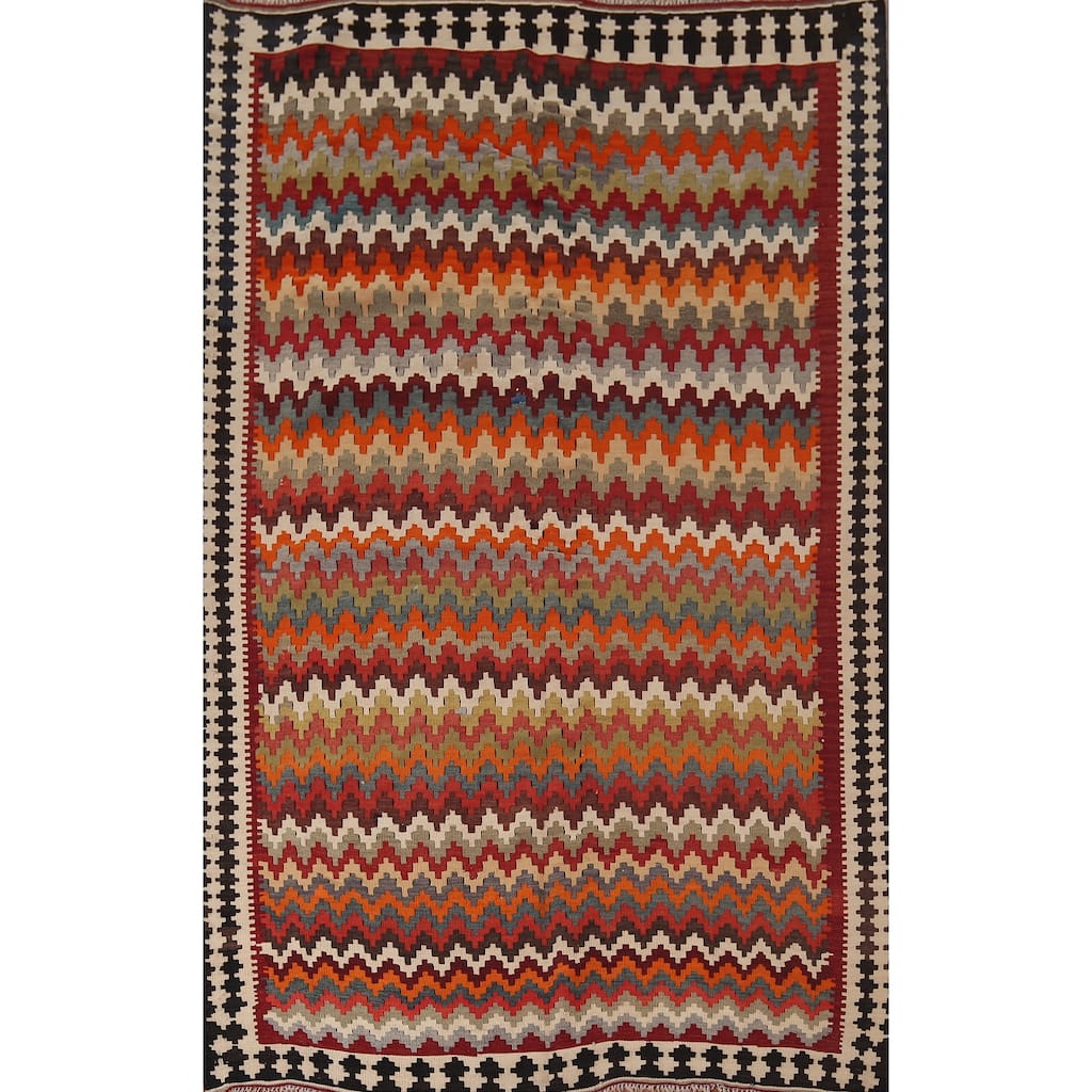 Orange Kilim Qashqai Persian Vintage Rug Hand-Woven Tribal Wool Carpet - 5'4"x 8'0"