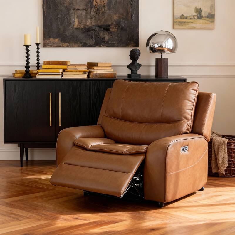 48.5" W Faux Leather Dual-Power Oversized Width Seat Recliner with USB & USB-C Charging, Ajustable Headrest