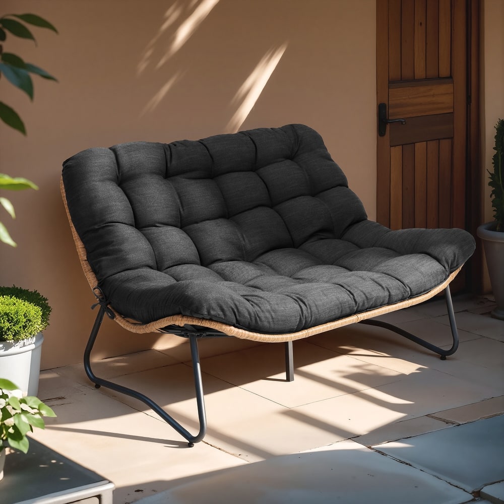 Double Papasan Chair Loveseat with Cushion, All-weather PE Rattan and Metal Frame for Indoor Outdoor