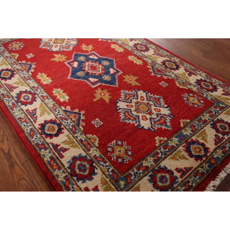 Red Geometric Kazak Oriental Accent Rug Hand-Knotted Wool Carpet - 1'11" x 3'3"