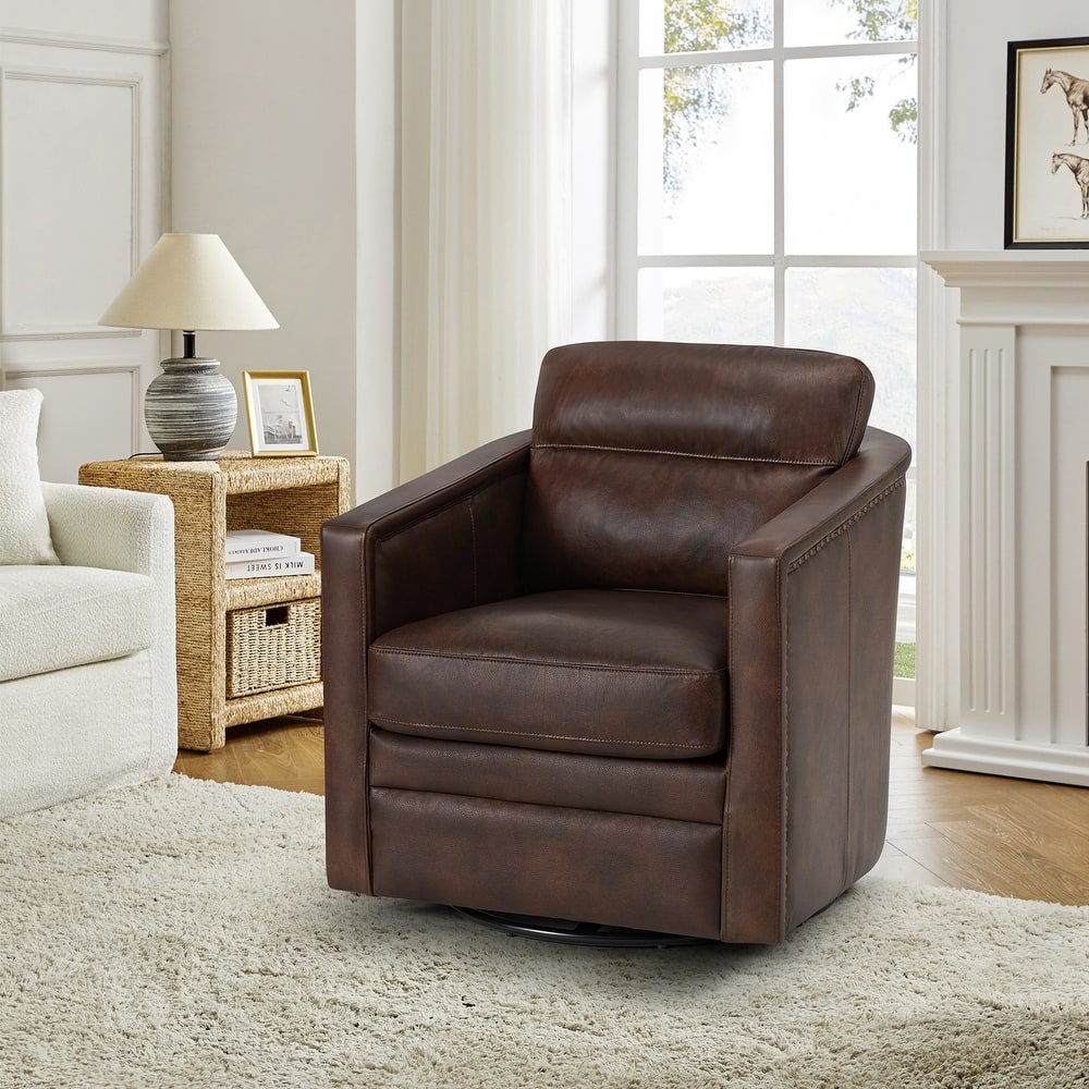 Jorge 28.74" Wide Traditional Genuine Leather Swivel Chair with Removable Seat Cushion and No Assembly Needed