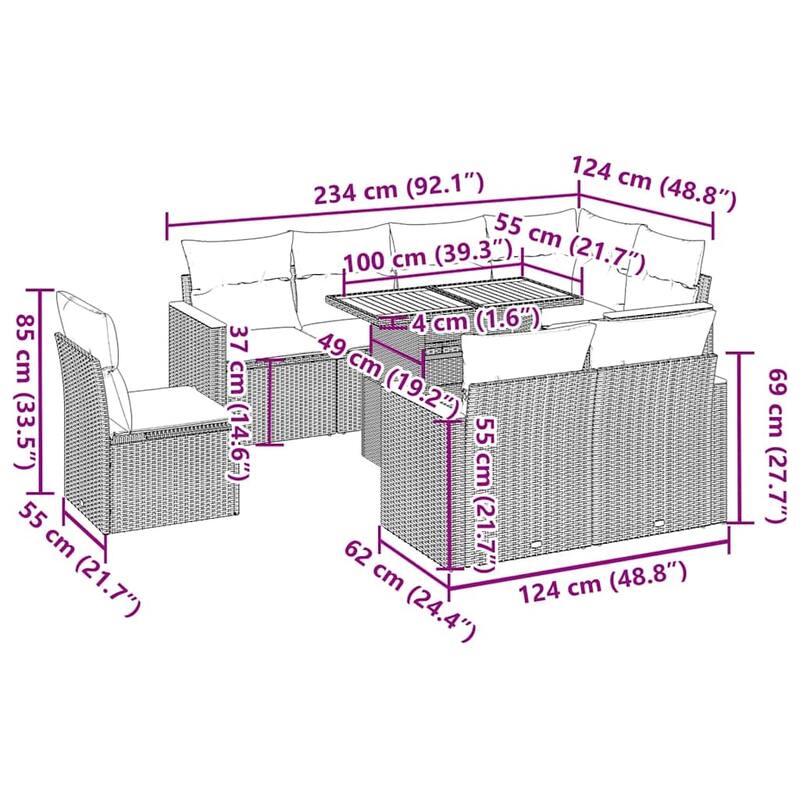 vidaXL 9 Piece Patio Sofa Set with Cushions Black Poly Rattan - 21.7 x 24.4 x 27.2