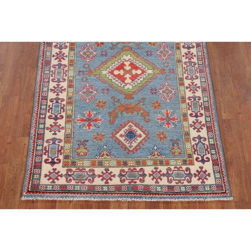 Light Blue Geometric Kazak Rug Hand-Knotted Wool Carpet - 3'3" x 4'11"