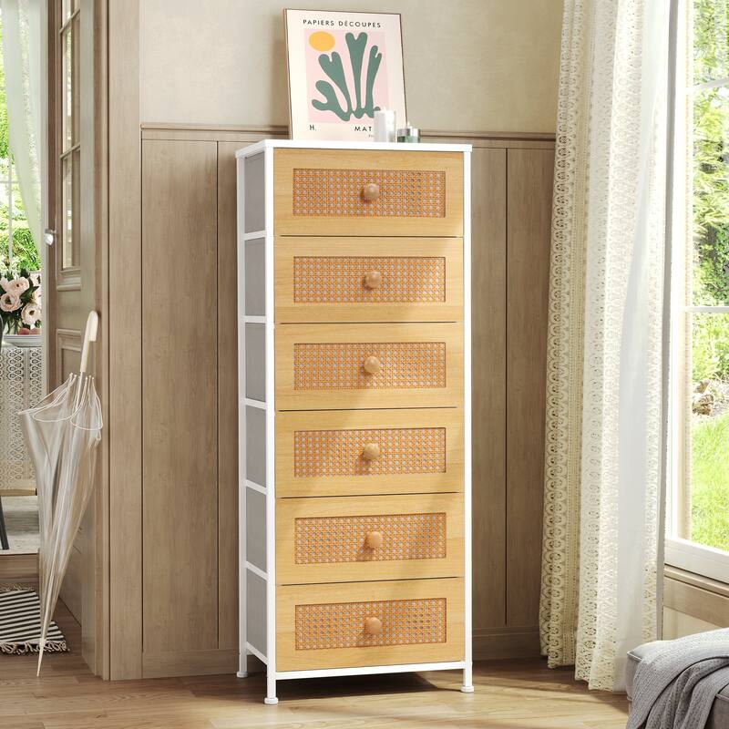 6 Drawers Chest - Vertical Storage Tower Steel / Wood / Fabric Dresser - White&Natural - 6-drawer