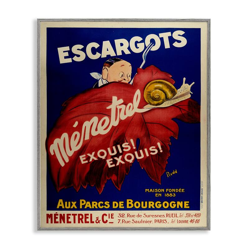Stupell Vintage Escargots Advertisement Framed Giclee Art Design By Marcus Jules - 24 x 30 - Grey