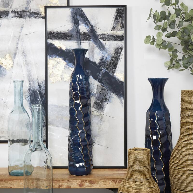 Ceramic Geometric Floor Vase with Gold Accents - Teal - Roche River Decor