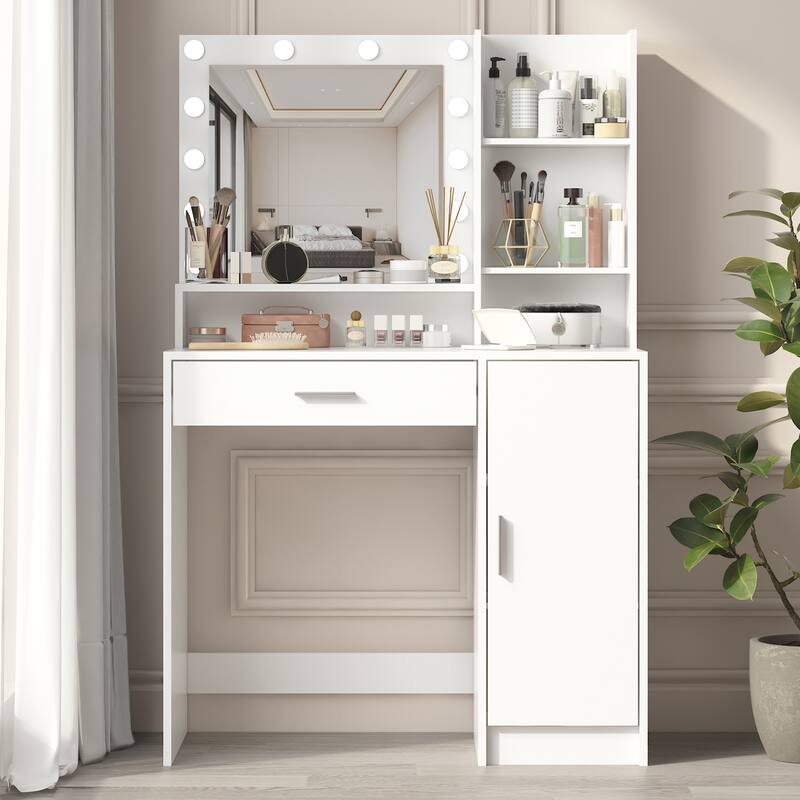 Vanity Desk with Mirror & Light, Large Drawer Three Level Storage Dresser, 3 Lighting Modes Adjustable Brightness - White