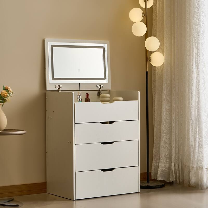 3 in 1 Vanity Desk with Plip-up Mirror & Lights, Glass Top Small Makeup Vanity, Makeup Desk with 3 Drawers & Storage Bench
