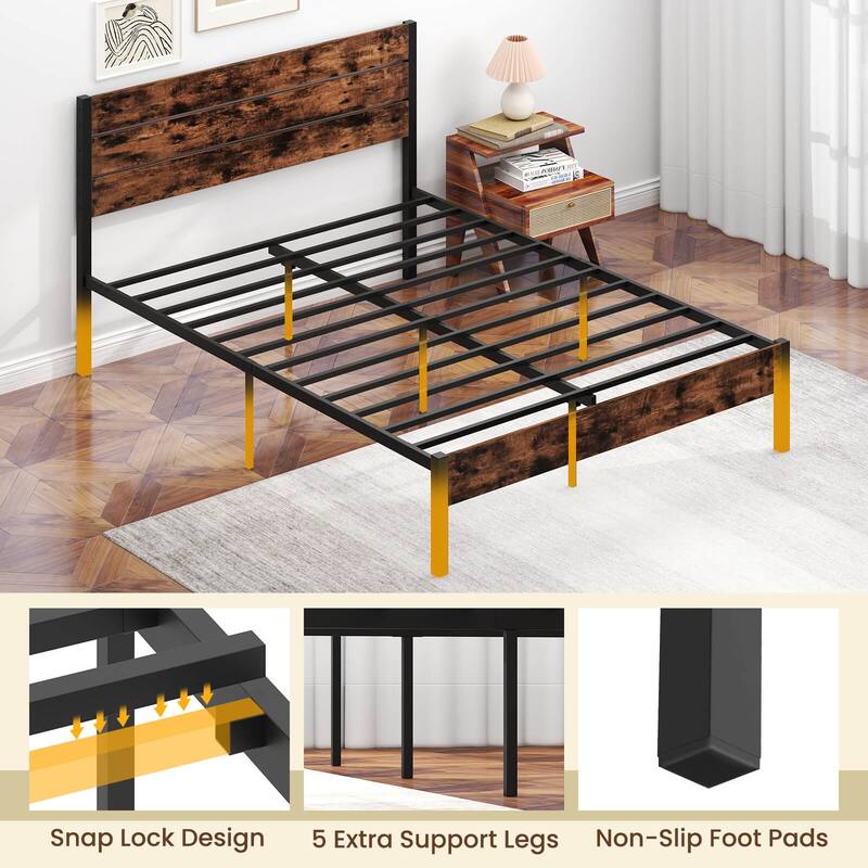 Industrial Metal Platform Bed Frame w/Wooden Headboard