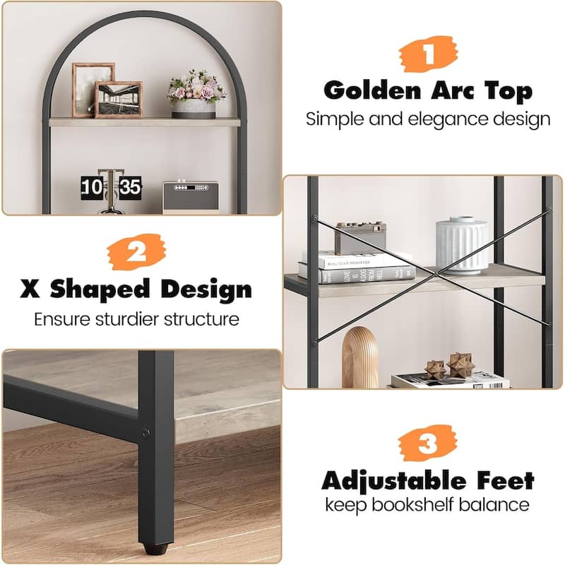 5-Tier Arched Bookshelf, Tall Wood Bookcase with Metal Frame, Modern Storage Rack for Living Room, Bedroom, or Home Office