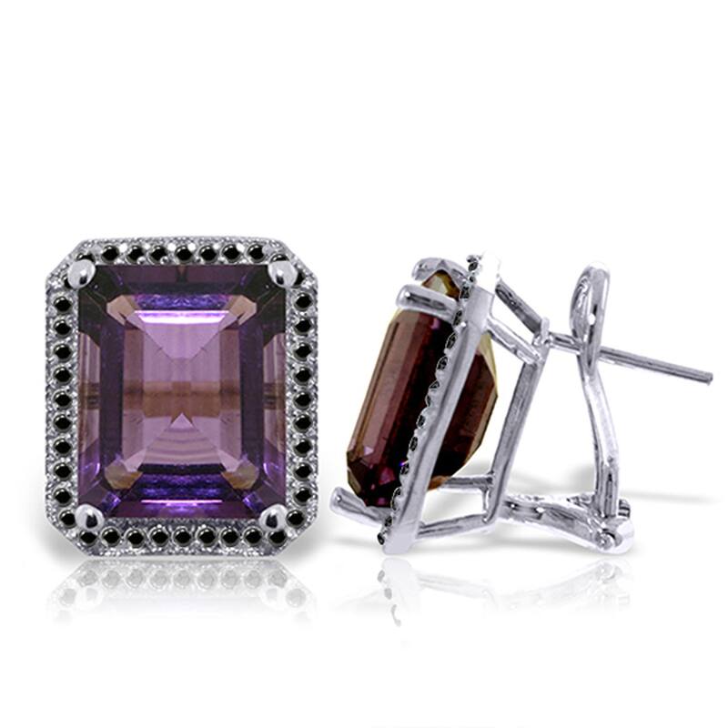 14K Solid Gold Stud French Clips Gemstone Earrings Diamonds & Amethysts - White