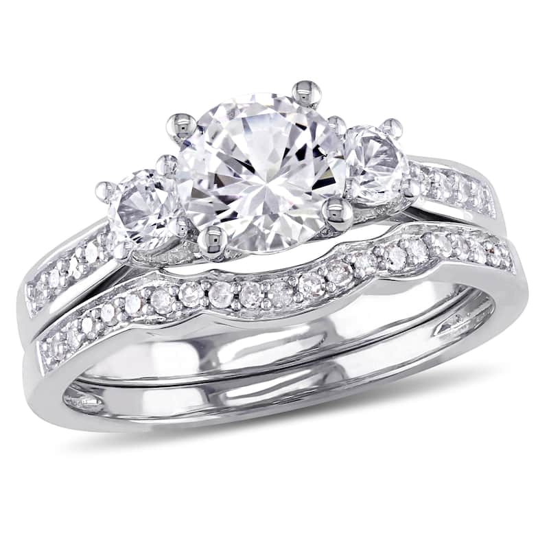Miadora 10k White Gold Created White Sapphire and 1/6ct TDW Diamond 3-stone Bridal Ring Set (G-H, I2