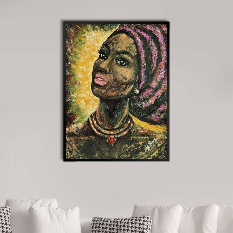 Rin 30 x 39 Hand Painted African Woman, Resin Coat, Warm Greens and Yellows - Gold, Green, Pink, Black