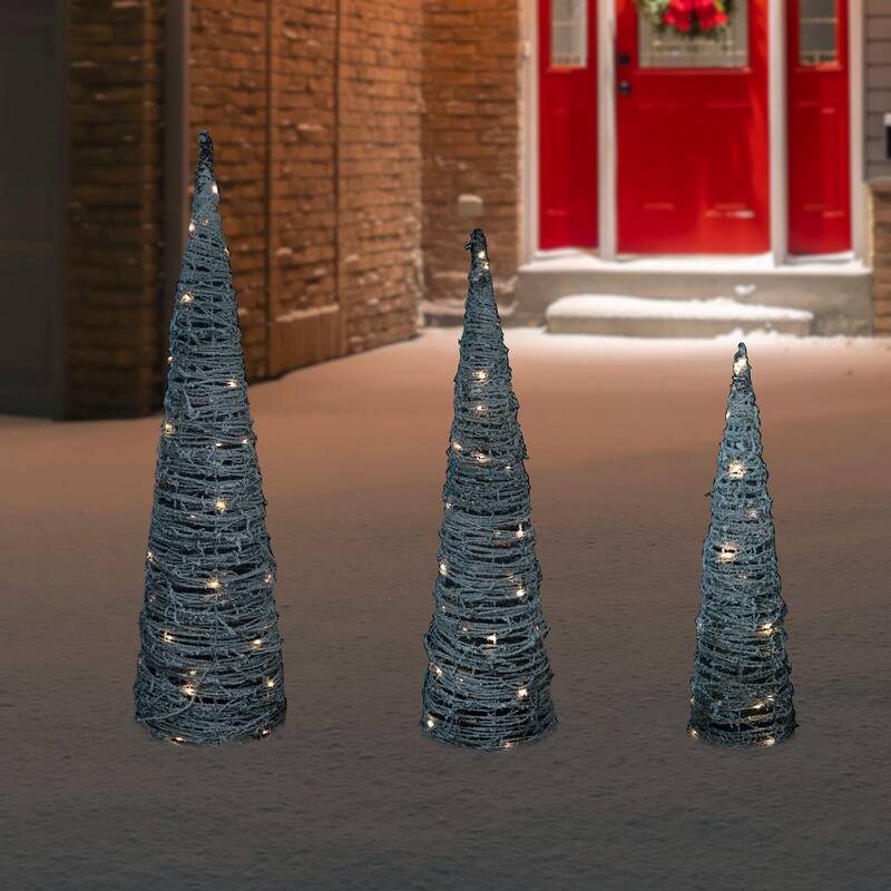 Set of 3 LED Lighted Snowy Rattan Christmas Cone Tree Decorations 3.25'