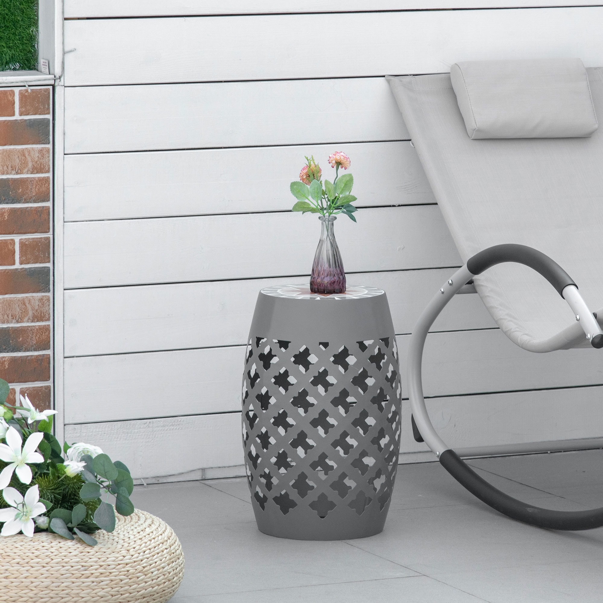 Outsunny 12" Round Patio Outdoor Footstool, Garden Mosaic Accent Side Table, Plant Stand