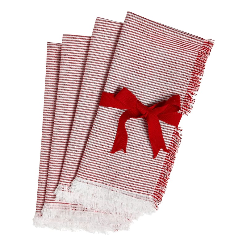 Pinstripe Fringe Napkin Set of 4 - Red Cotton Kitchen Textiles for Christmas - Machine Washable Cloth Napkins