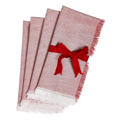 Pinstripe Fringe Napkin Set of 4 - Red Cotton Kitchen Textiles for Christmas - Machine Washable Cloth Napkins