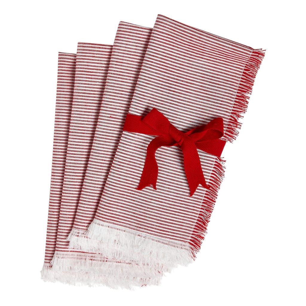 Pinstripe Fringe Napkin Set of 4 - Red Cotton Kitchen Textiles for Christmas - Machine Washable Cloth Napkins