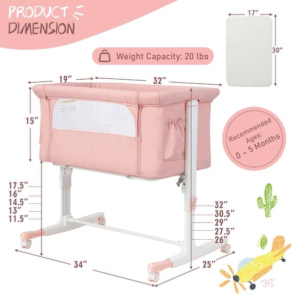 dimension image slide 2 of 3, Babyjoy 3-in-1 Baby Bassinet Beside Sleeper Crib with 5-Level - See Details