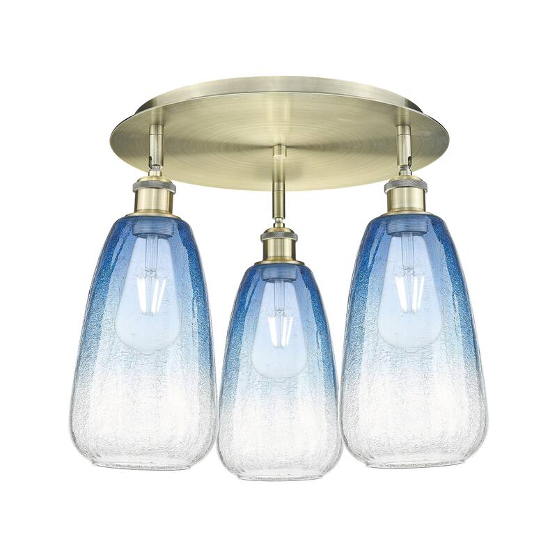 Innovations Lighting Endless Possibilities Ballston - Brookhaven Almond - 3 Light 18" Flush Mount - Antique Brass/Sapphire Blue