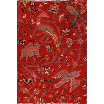 Animals Design Red Kazak Oriental Accent Rug Hand-Knotted Wool Carpet - 2'0" x 3'0"