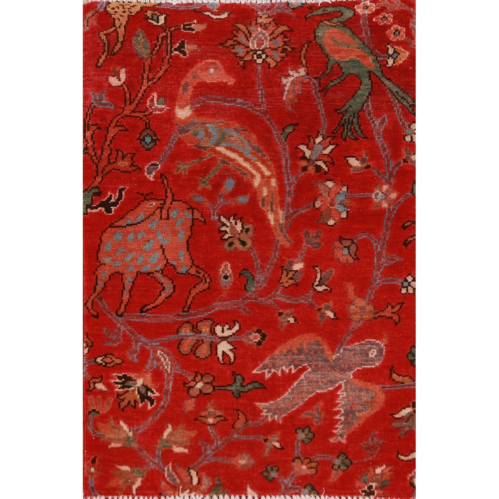 Animals Design Red Kazak Oriental Accent Rug Hand-Knotted Wool Carpet - 2'0" x 3'0"