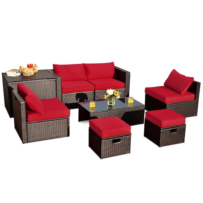 8PCS Patio Rattan Furniture Set Space-Saving Storage W/ Cushion - Red