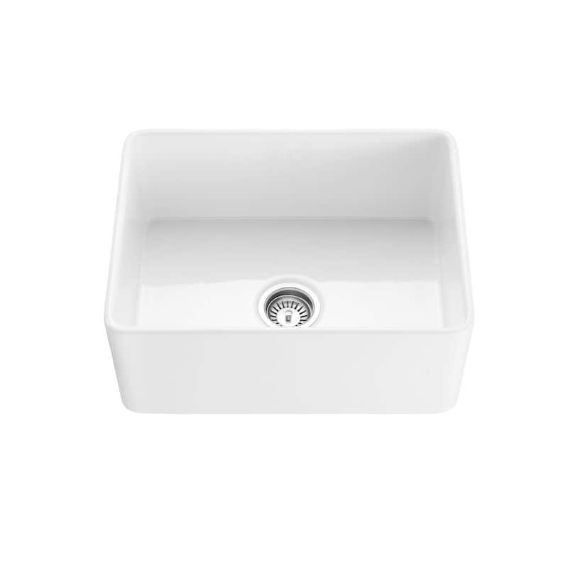 24" White Fireclay Farmhouse Undermount Kitchen Sink with Bottom Grid and Strainer