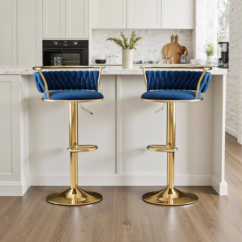 Velvet Upholstered Adjustable Bar Stool Swivel Counter Chair Set of 2 - Navy Blue/Gold - Set of 2