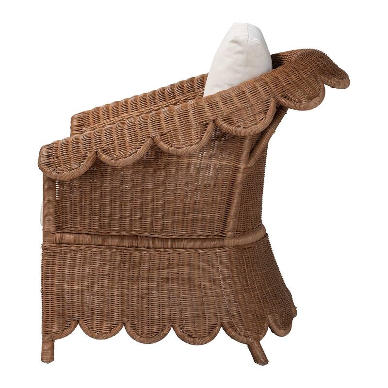 Detta Natural Rattan Armchair - Handwoven Wicker Chair with Rolled Arms and Scalloped Skirt Base, Boho Coastal Style