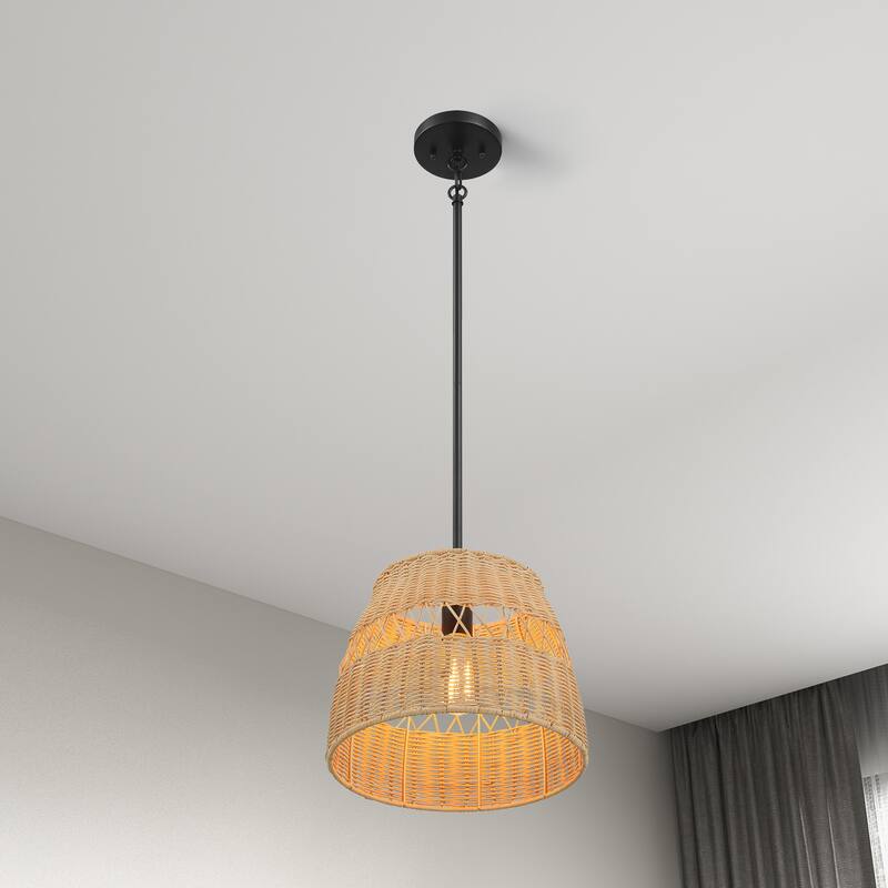 Vina Natural 1-Light Rattan Pendant Light with Black Metal Finish - Rattan