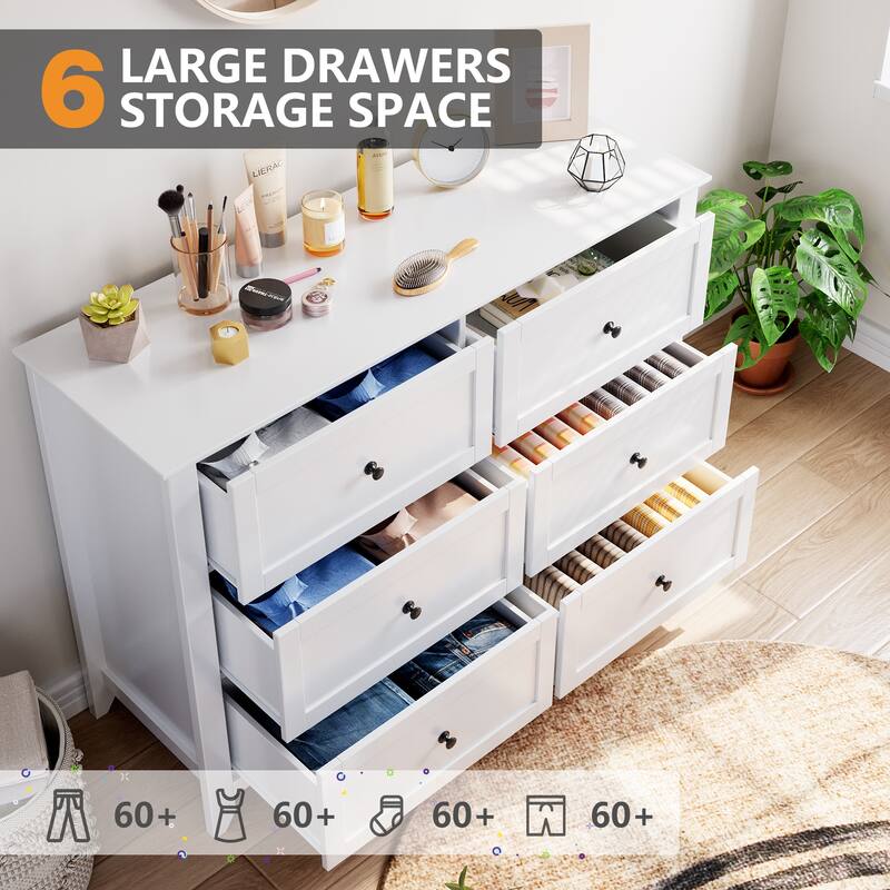 6 Drawers Cabinet,Wood Double Chest of Dresser Wide Storage Organizer