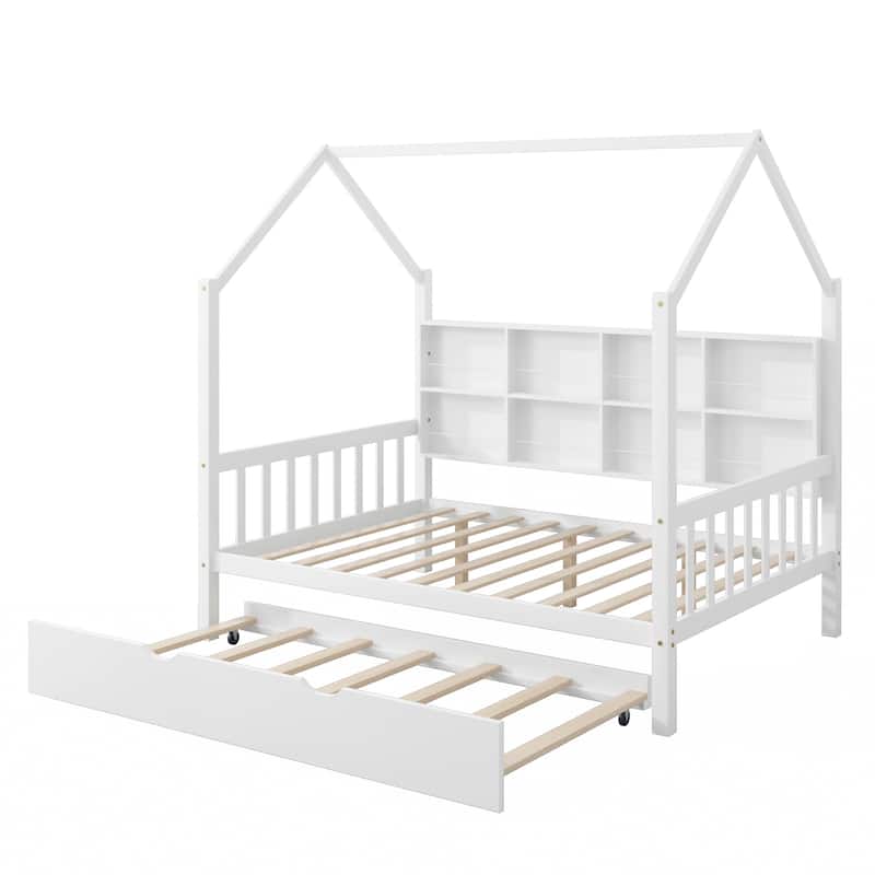 Wooden Full Size House Bed with Trundle,Kids Bed with Shelf