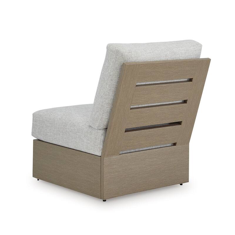 Isle Outdoor Armless Chair, Gray Cushion, Woodlike Brown Metal Frame