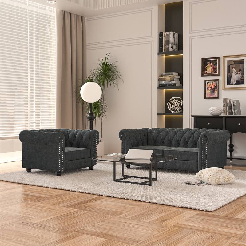 Morden Fort Button Tufted Upholstered Chesterfield Sofa Set Chair and Sofa,2 PCS for Living Room,Linen,Solid Wood Legs - Grey