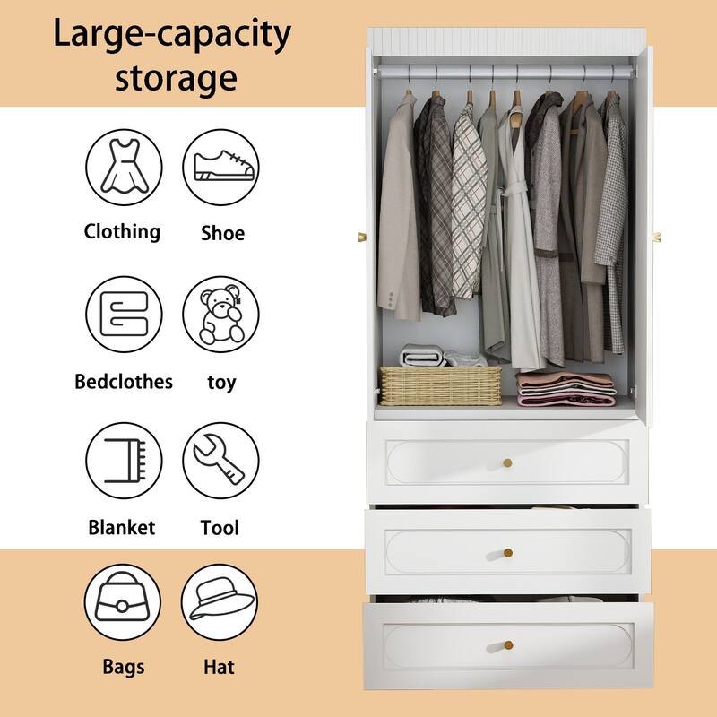 75" Wooden Armoire Wardrobe Closet with Doors, Drawers & Hanging Rod