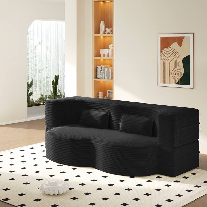Modern Floor Sofa with 2 Pillows,Convertible Teddy Fabric Foam-Filled Sleeper Sofa Bed