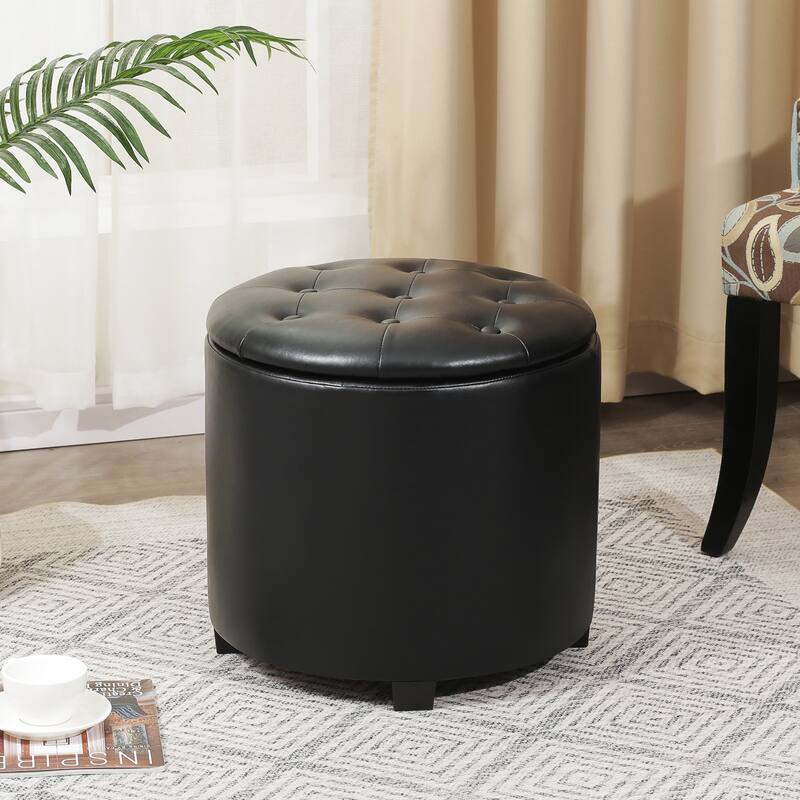 Adeco 17" Faux Leather Round Storage Ottoman with Tufted
