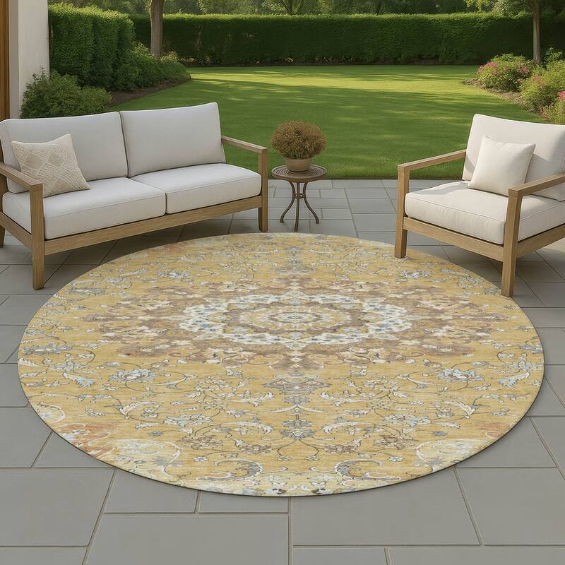 Machine Washable Indoor/ Outdoor Traditional Awaka Chantille Rug - Gold - 8' x 8'