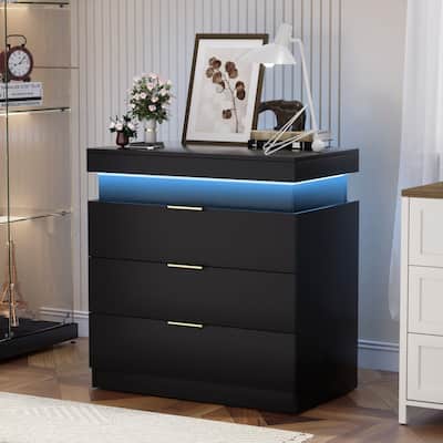 Modern LED-Equipped Nightstand with Sliding Top, Multi-Functional Bedside Table with Charging Station and Storage Drawers.