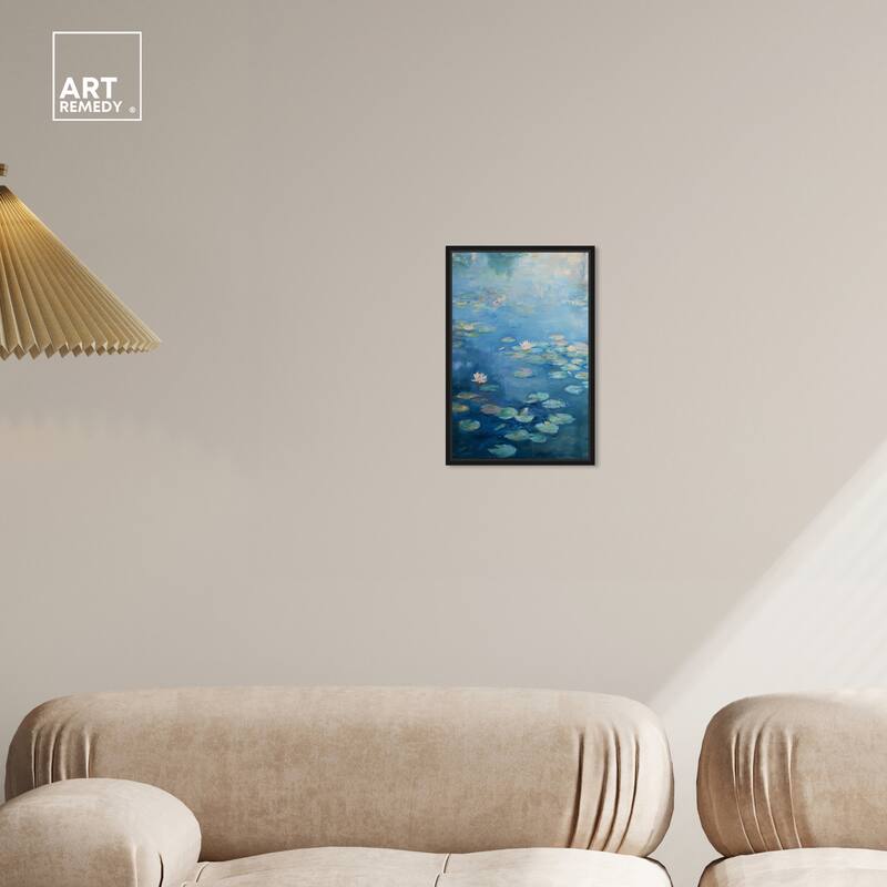 Art Remedy Lilypads In Blues Framed Impressionism 1 Piece Canvas Wall Art /Monet And Van Gogh Inspired Art