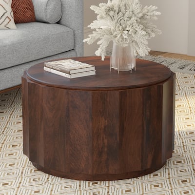 Simpli Home Trenton SOLID MANGO WOOD 32" Wide Round Contemporary Coffee Table in Walnut Brown, Fully Assembled