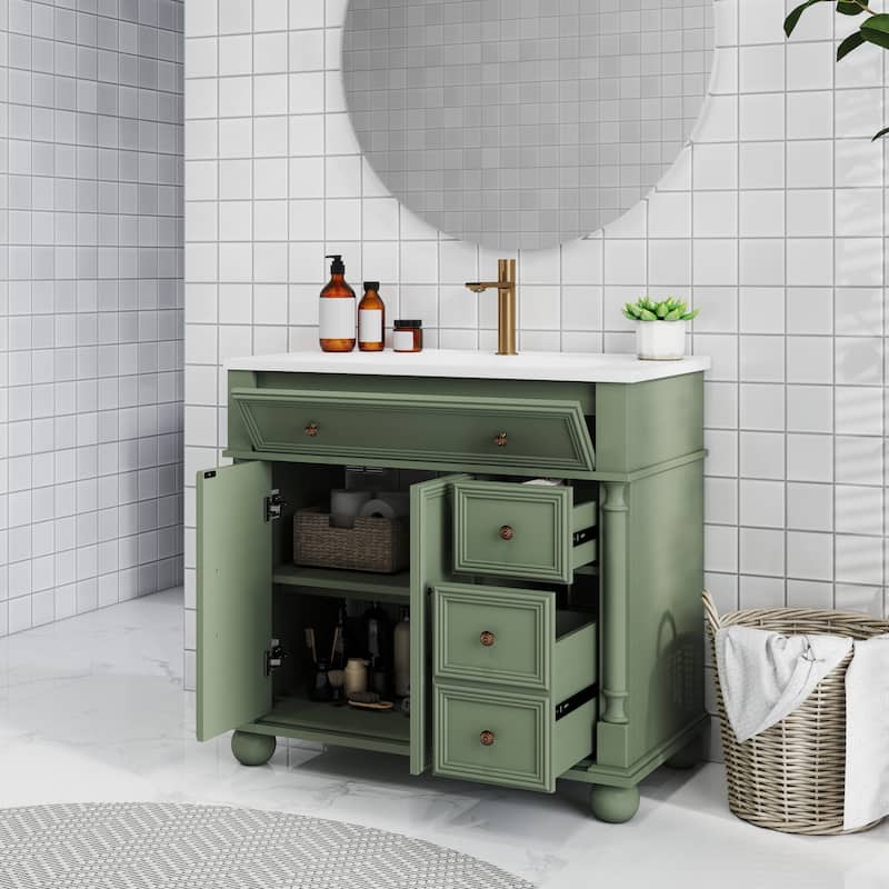 28"/36" Bathroom Vanity with Sink, Integrated Ceramic Basin Vanity Cabinet with Roman Column Base, Solid Wood Frame