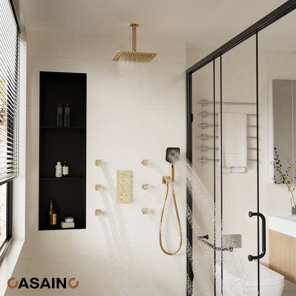 Luxury Thermostatic Shower System 3-Spray Patterns Ceiling Mount Fixed Shower Head and Handheld Spray with 6 Body Jets