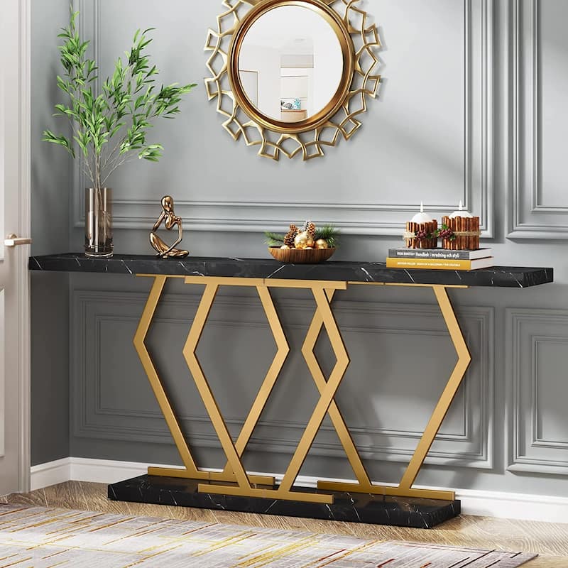 70.9 Inch Extra Long Modern Sofa Console Table with Faux Marble Tabletop Base Gold Frame for Living Room Entryway Hallway - Black